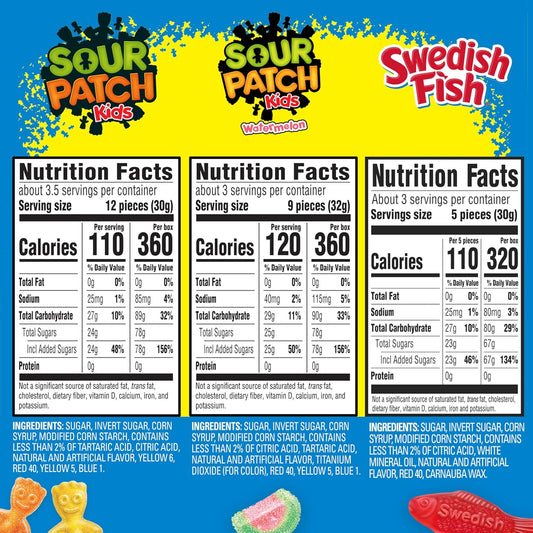 equal 5/5/5 split between sour patch kids original, sour patch kids watermelon, and swedish fish