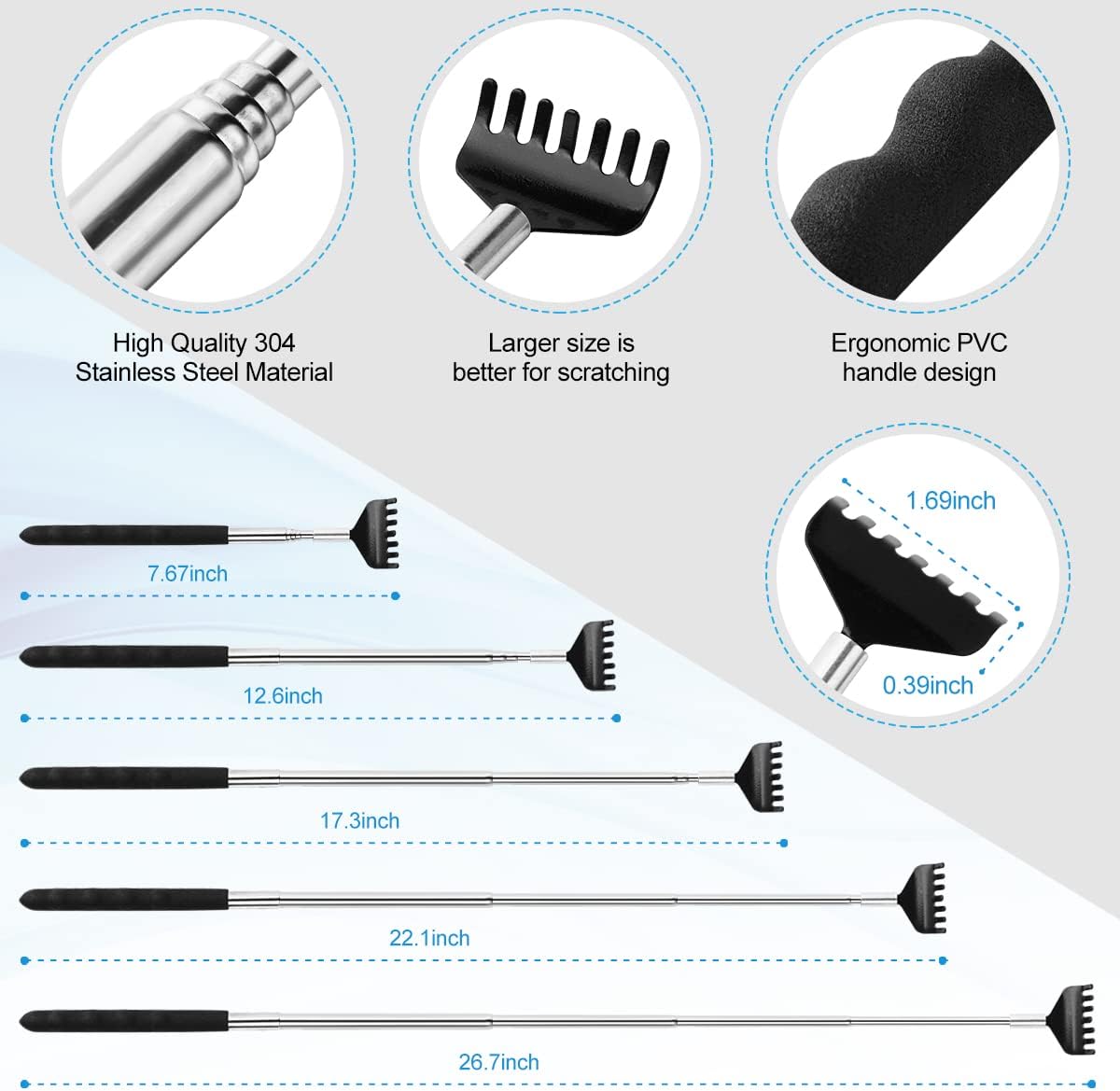 ergonomic rubber grip handle on each scratcher