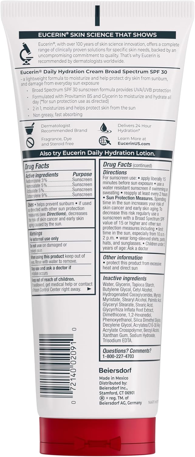 Eucerin Daily Hydration SPF 30 Body Cream – Mindful Morning Moisturizer for Dry, Sensitive Skin, 8 Oz