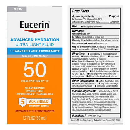 Eucerin Sun Advanced Hydration SPF 50 – Mindful Morning Self-Care Ritual for Dry Skin, Hyaluronic Acid Hydrating Face Sunscreen
