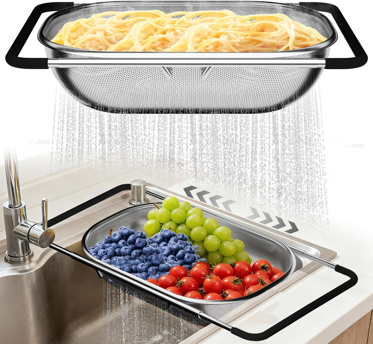 expandable non-slip rubber grip handle extending from 13.4in to 21.3in to fit most kitchen sinks