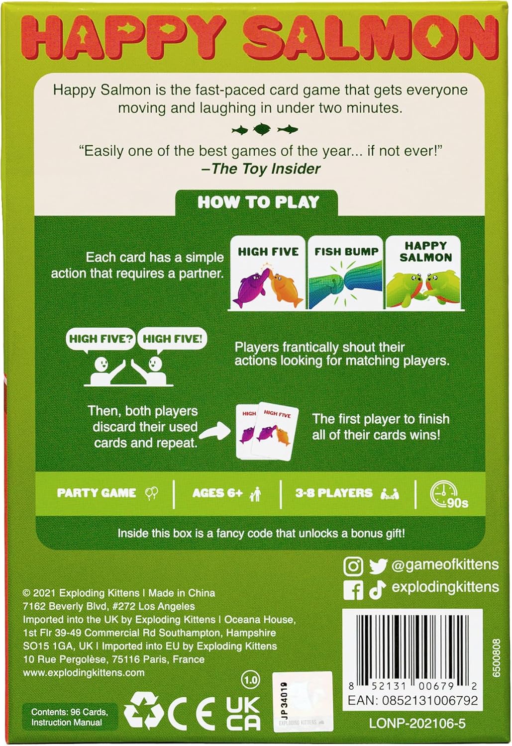 Exploding Kittens Happy Salmon Card Game | Funny Birthday Gift for Kids, Teens, and Adults | Quick 90-Second Rounds, 3-8 Players