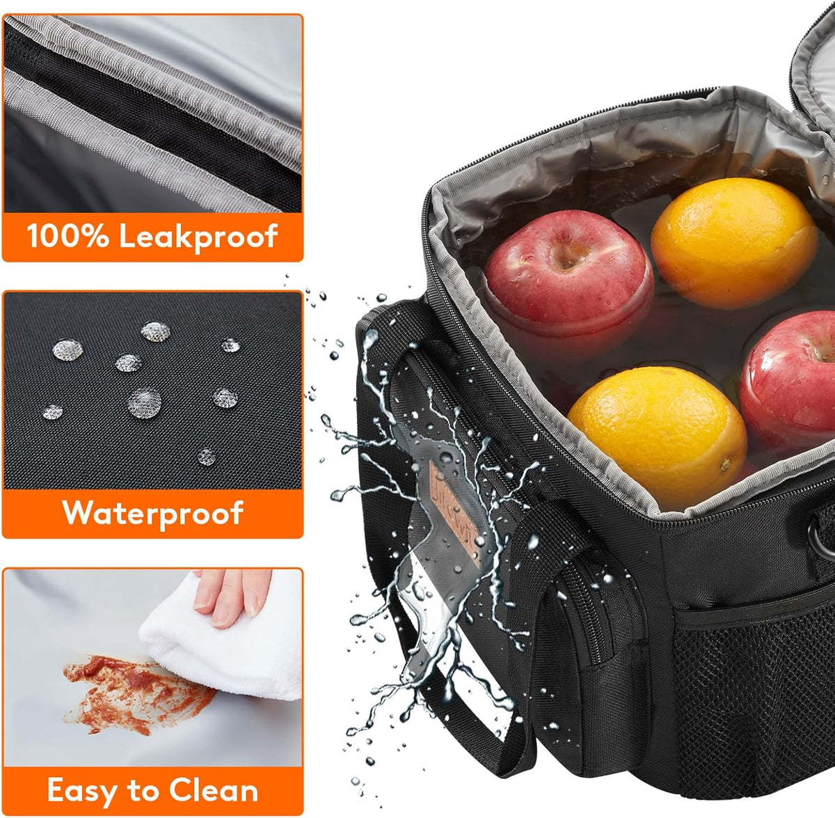 exterior front and side pockets for keys, earbuds, utensils, and napkins