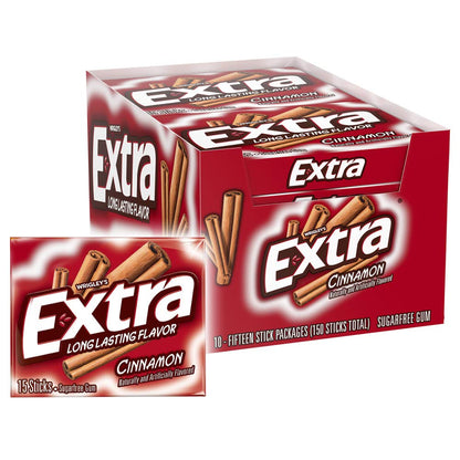 Extra Cinnamon Sugarfree Gum Bulk, Individually Wrapped, Perfect for Fresh Breath at School, Work, and Travel, 15 Count, 10 Pack