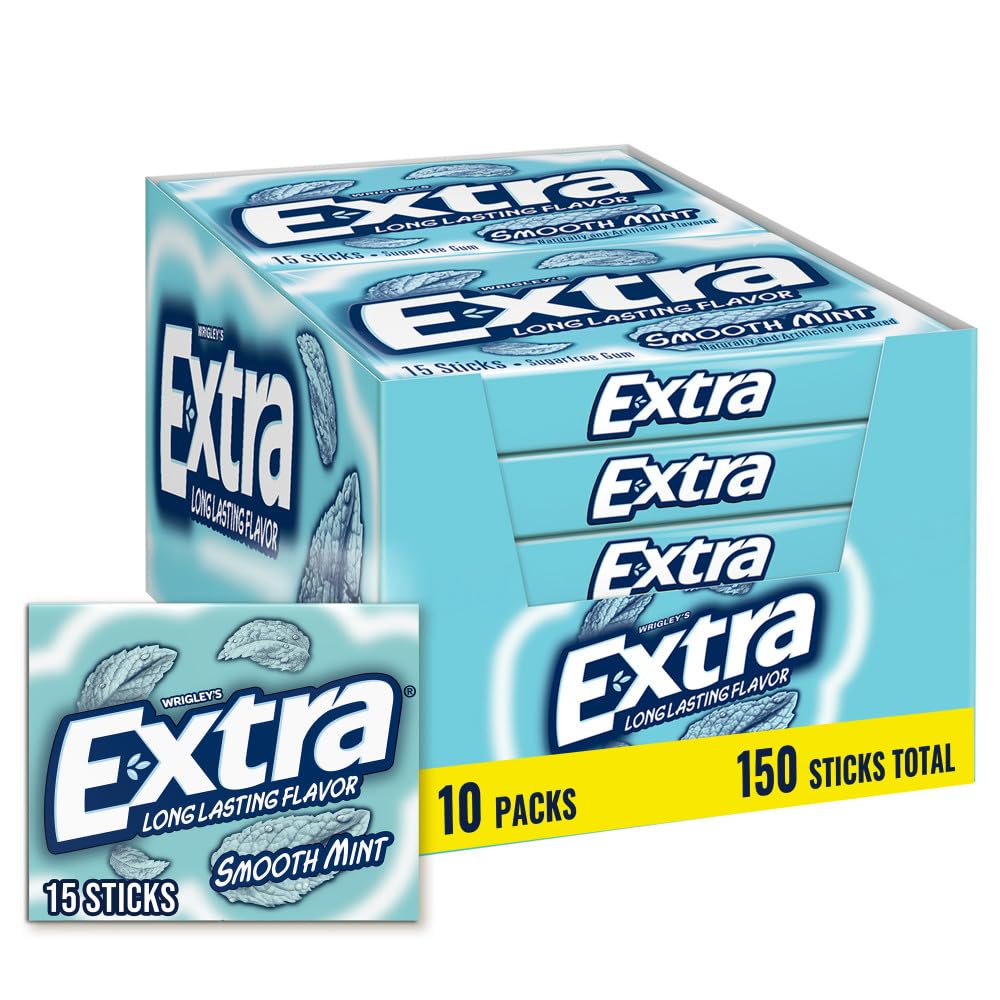Extra Gum Smooth Mint Sugarfree Gum Bulk, Individually Wrapped, Perfect for Fresh Breath at School, Work, and Travel, 15 Count, Pack of 10