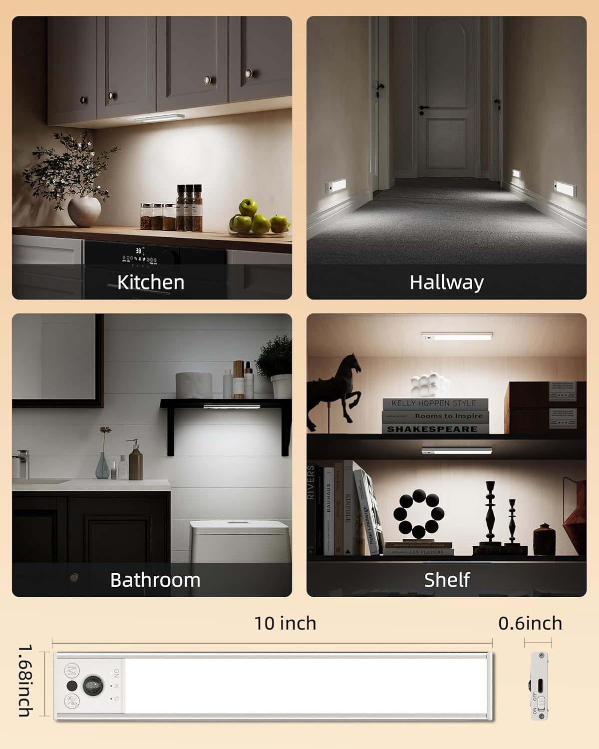 EZVALO 10inch Under Cabinet Lighting, Slim LED Accent Light for Cozy Bedroom Baseboards & Above-Door Ambiance (2 Pack)