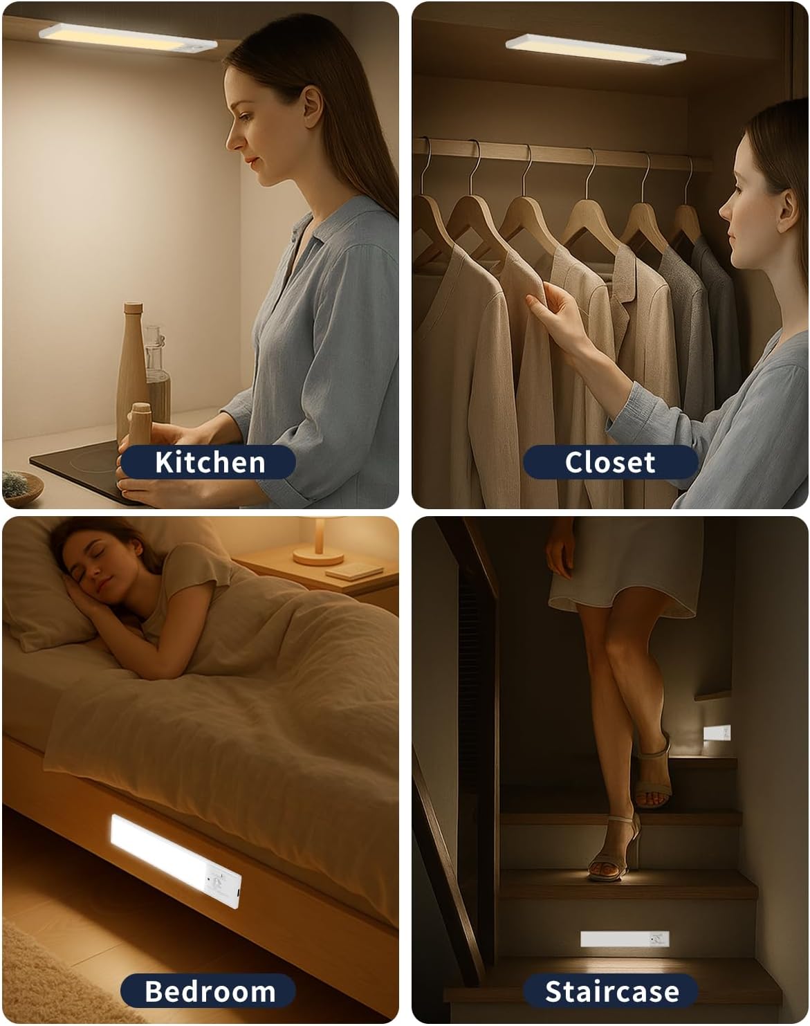 FBY Closet Light, PIR Motion Activated LED for Dark Bedrooms and Bathrooms at Night, Flameless Safety Lighting 3-Pack