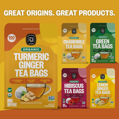 FGO Organic Turmeric Ginger Tea – 100-Count Office Tea Station Stock for Shared Break Room Focus