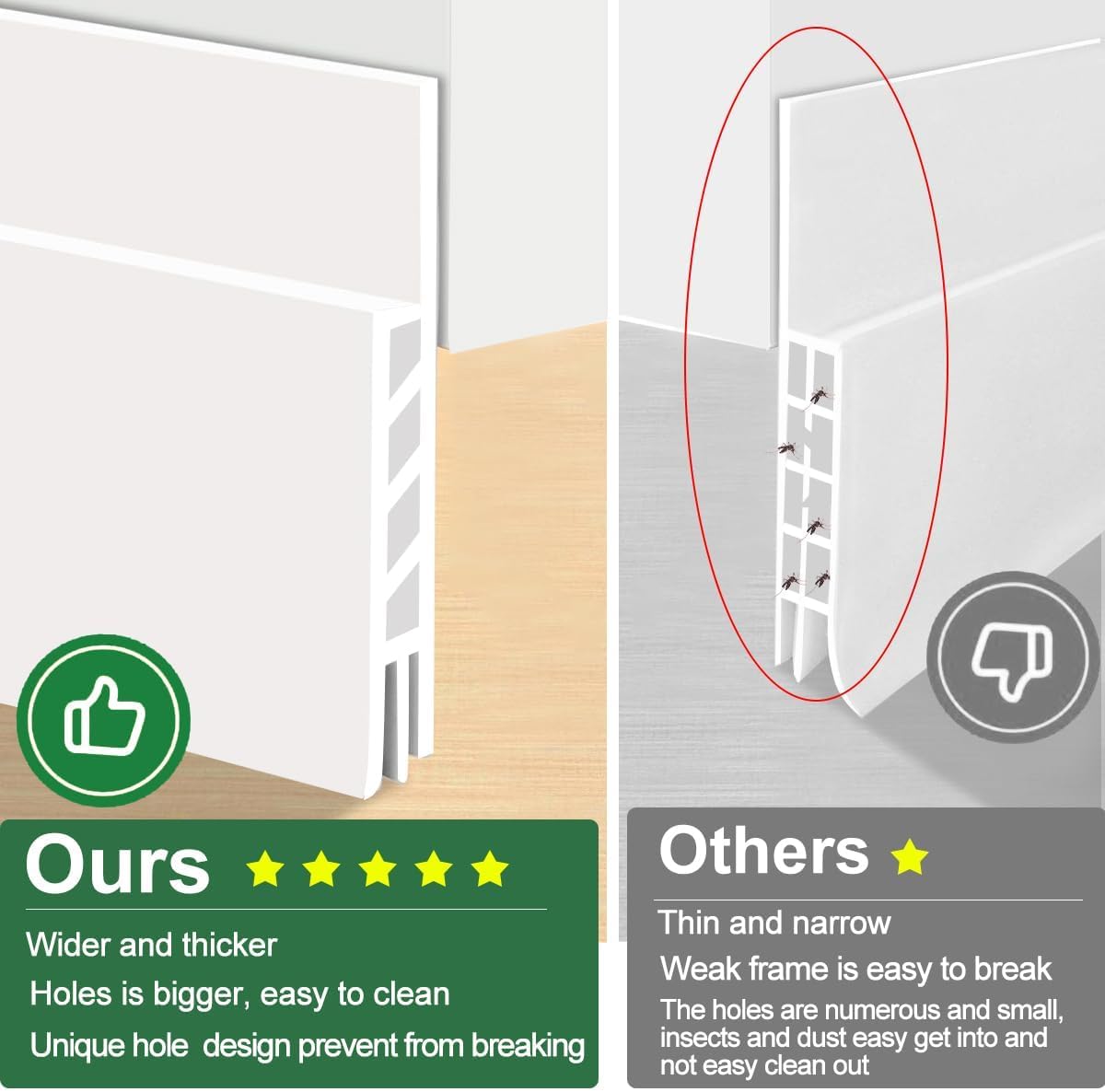 fills uneven door gaps up to 1 inch wide