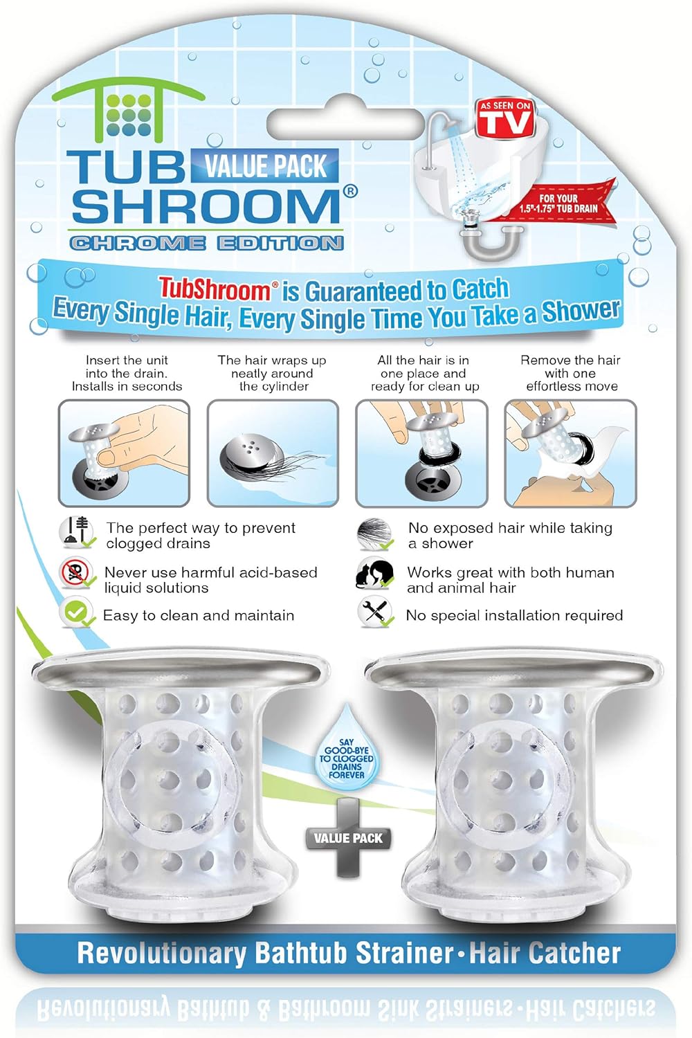 fits inside 1.5"-1.75" standard tub and shower drains (also 1.5" sink drains)