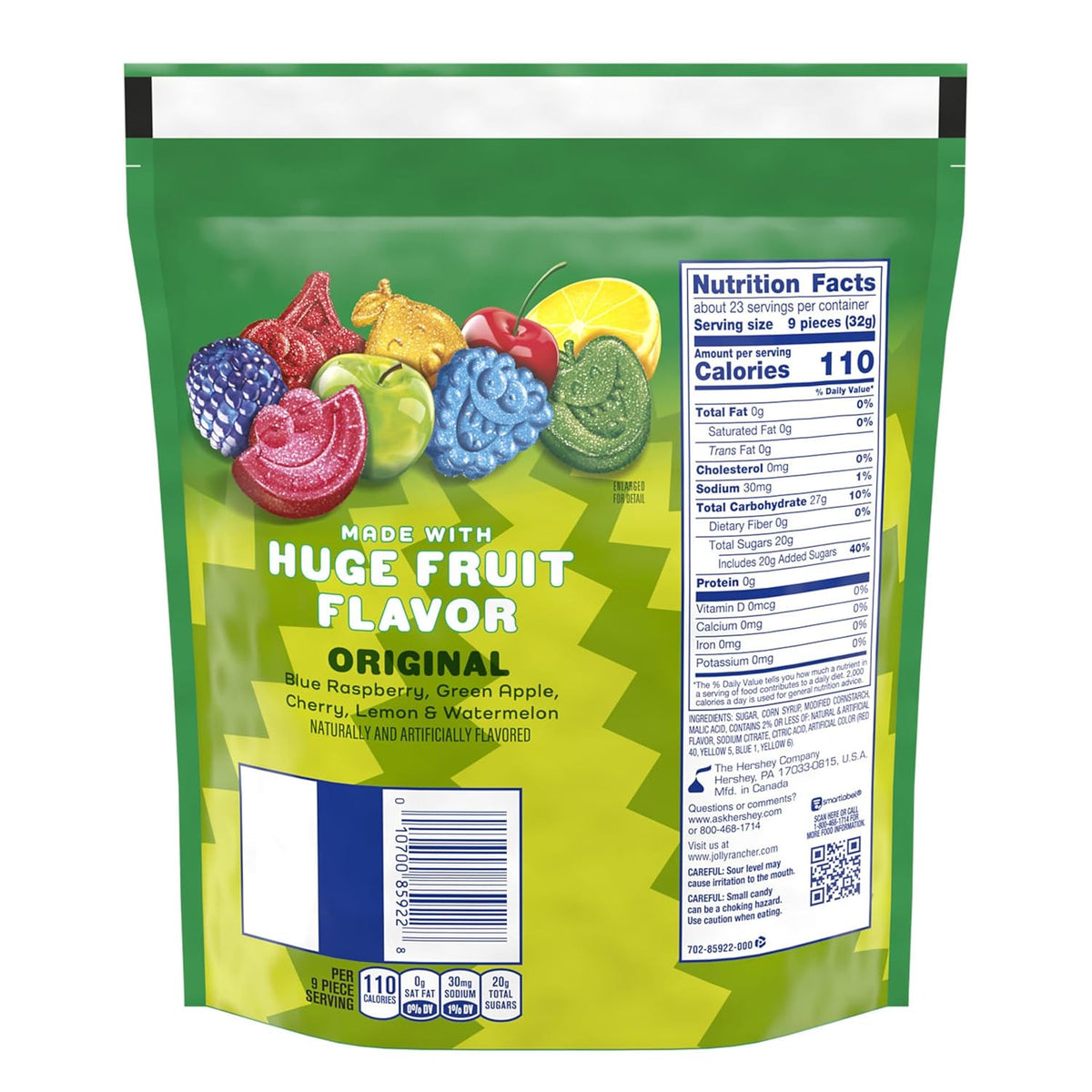 five assorted fruit flavors: watermelon, green apple, cherry, lemon, and blue raspberry