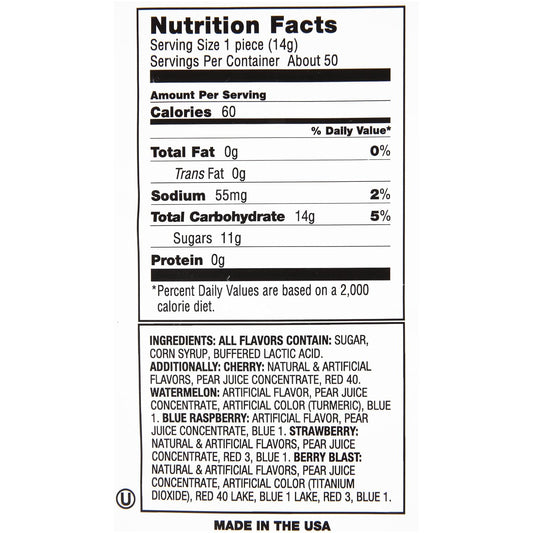 five assorted fruity flavors: strawberry, blue raspberry, watermelon, berry blast, cherry