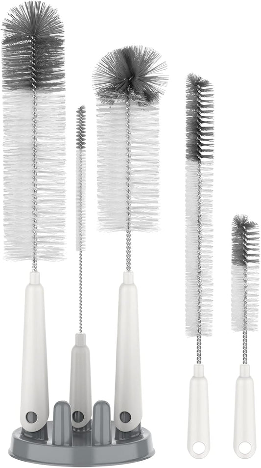 five specialized brushes: 15.3" narrow-neck brush, 13.2" water bottle brush, 13.2" tube brush, 8.1" spout/short brush, and 12" straw brush