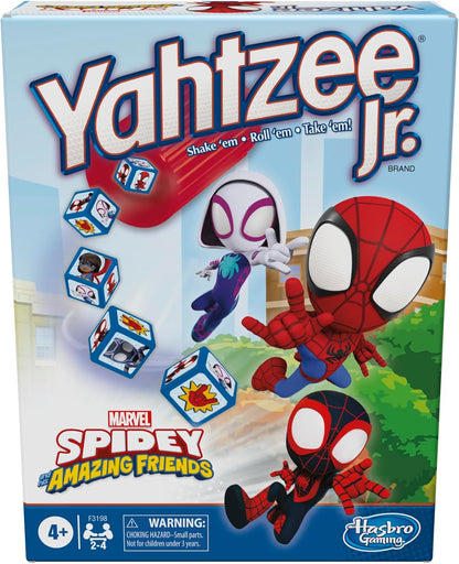 five themed dice featuring spidey, ghost-spider, miles morales, ms. marvel, black panther, plus thwip and green goblin jack-in-the-box symbols