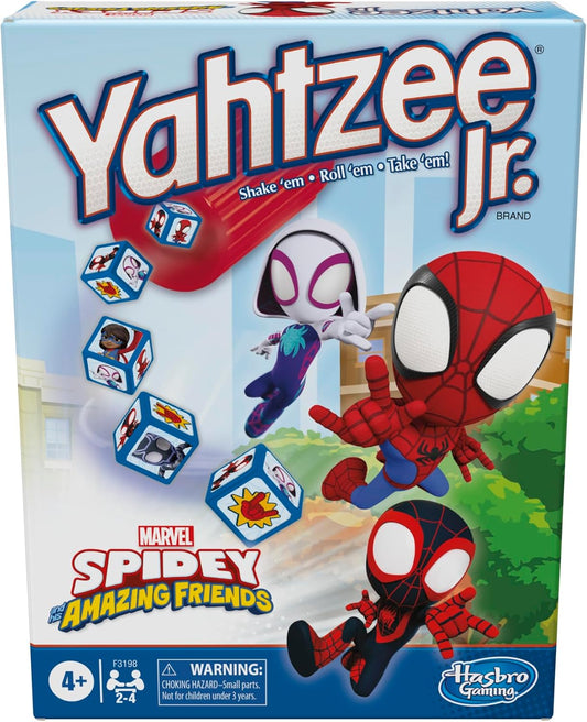 five themed dice featuring spidey, ghost-spider, miles morales, ms. marvel, black panther, plus thwip and green goblin jack-in-the-box symbols