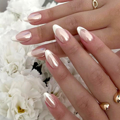 FJSMTOPl French Tip Press on Nails - Almond Fake Nails - with Designs Chrome False Nails Press ons - Medium Acrylic Glue on Nails Cute Artificial Stick on Nail for Women Manicure 24pcs