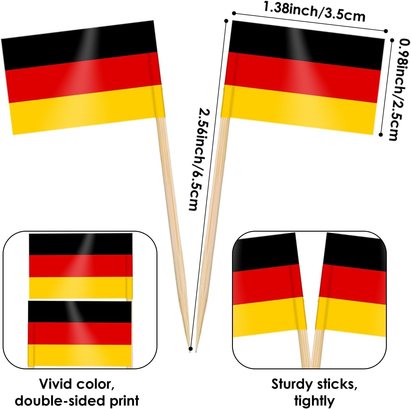 flag dimensions of 3.5 x 2.5 cm mounted on 6.5 cm wooden toothpicks