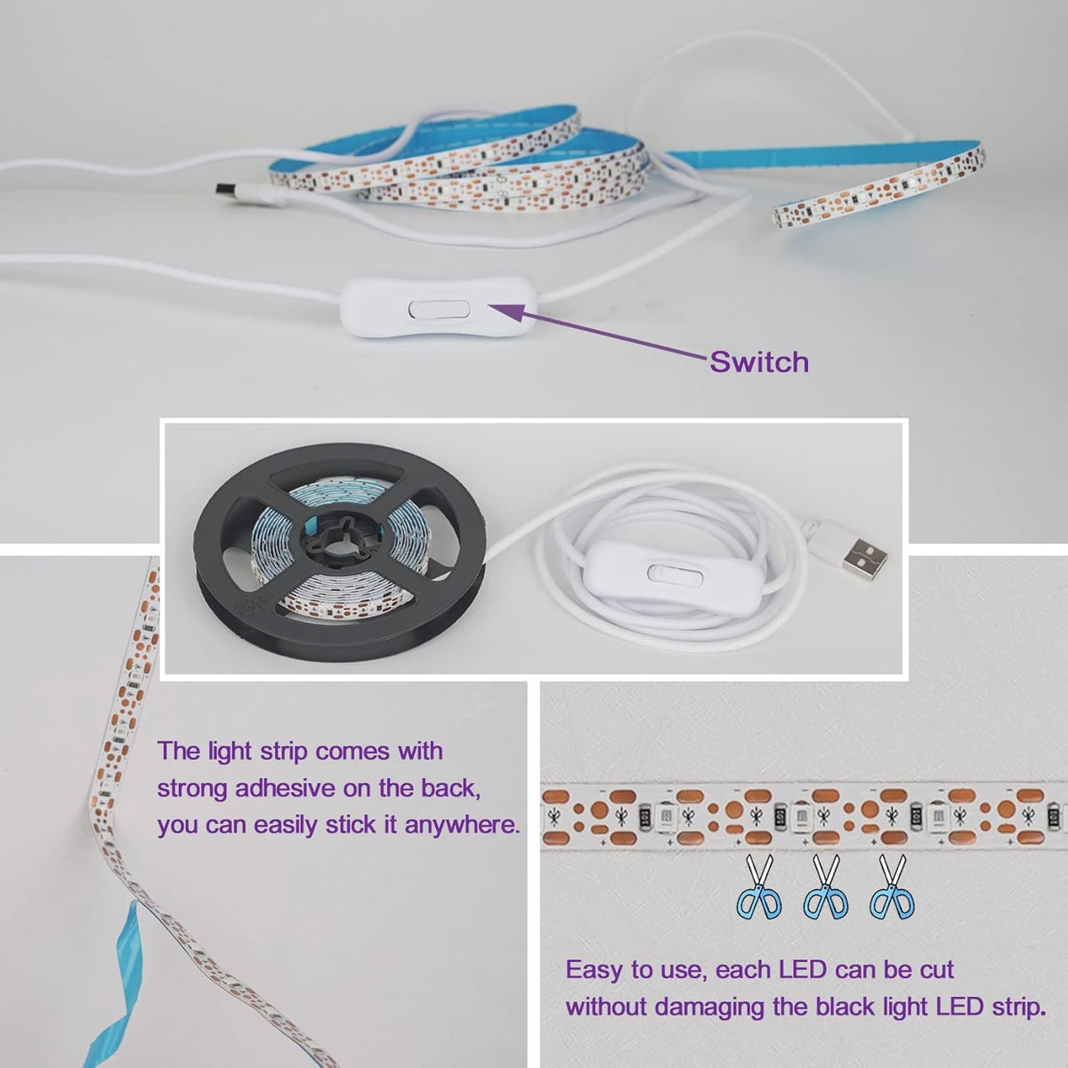 flexible cuttable strip with marked cut points between leds