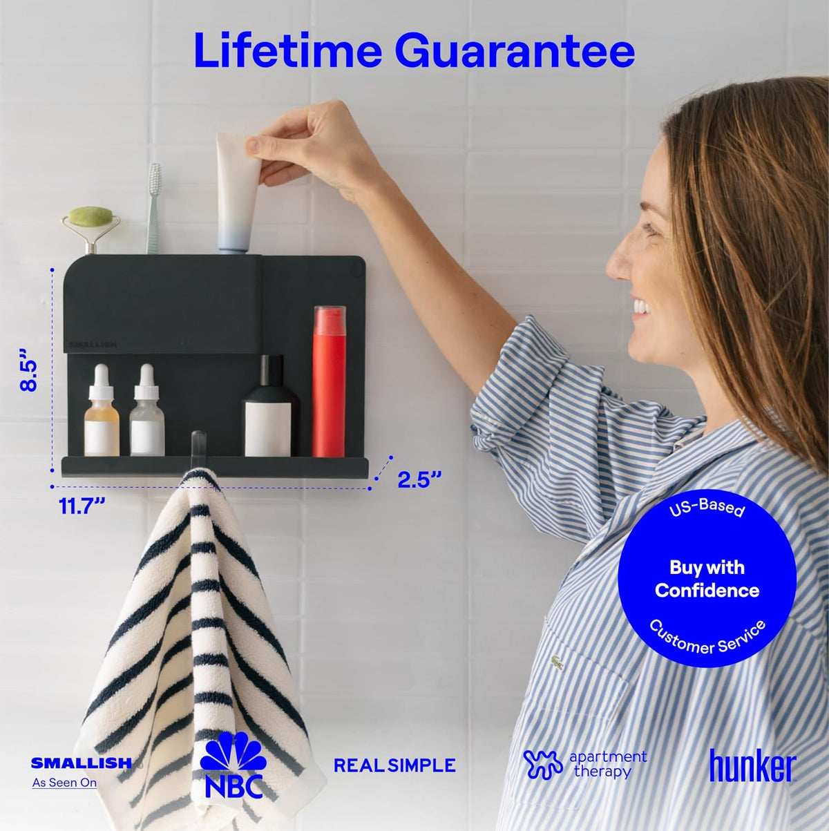 floating shelf design, 11.7"w x 8.5"h, supporting up to 5 lbs