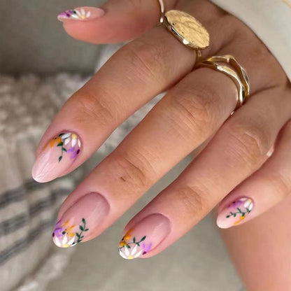 Flower Press on Nails Short Oval Fake Nails Floral False Nails with Design Leaf Spring Glossy Full Cover Acrylic Glue on Nails Artificial Stick on Nail for Women Manicure 24Pcs