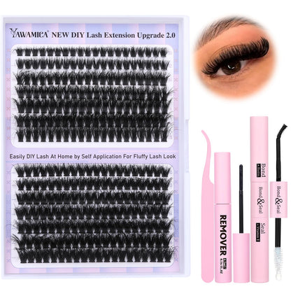 Fluffy Lash Clusters Kit Thick Volume Eyelash Extension Kit 280pcs Mink Individual Lashes 70D 80D Mix 10-18mm Lash Extension Kit with Bond and Seal Lash Remover and Lash Tools DIY Eyelash by Yawamica