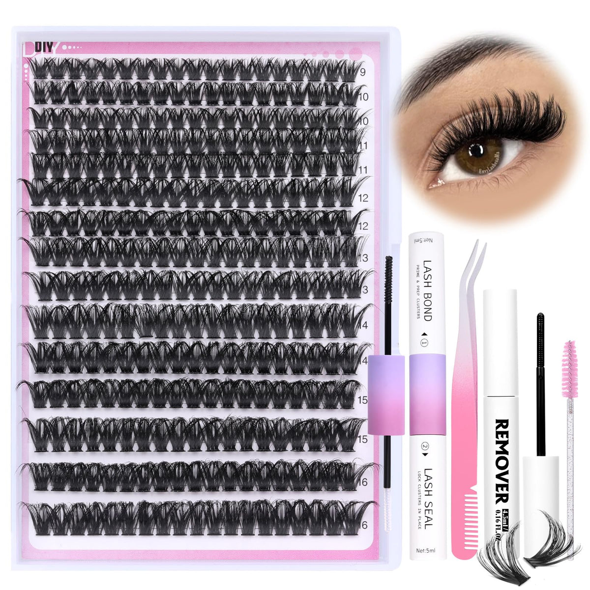 Fluffy Lash Extension Kit Thick Volume Lash Clusters 80D 9-16mm Individual Lashes Kit 300pcs with Bond and Seal and Lash Remover and Lash Applicator DIY Eyelash Extension Kit for Beginners by Yawamica