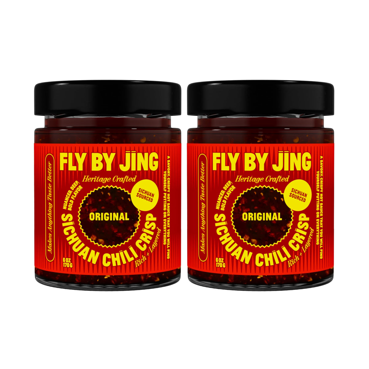 FLYBYJING Original Sichuan Chili Crisp: Premium Chili Oil w/Crunchy Garlic and Shallots - Spicy, Savory, Vegan, Sugar Free Hot Sauce - Good on Noodles, Proteins, Veggies &amp;amp; Everything, 6oz (Pack of 2)