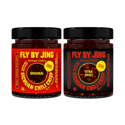 FLYBYJING Original + Xtra Spicy Sichuan Chili Crisp Duo: Premium Chili Sauces Good on Noodles, Proteins, Veggies &amp;amp; Everything - Spicy, Savory, Vegan, Sugar Free Hot Sauces, 6oz (Pack of 2)
