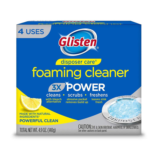 foaming scrub formula that expands to coat blades, sidewalls, splash guard, and drain pipes