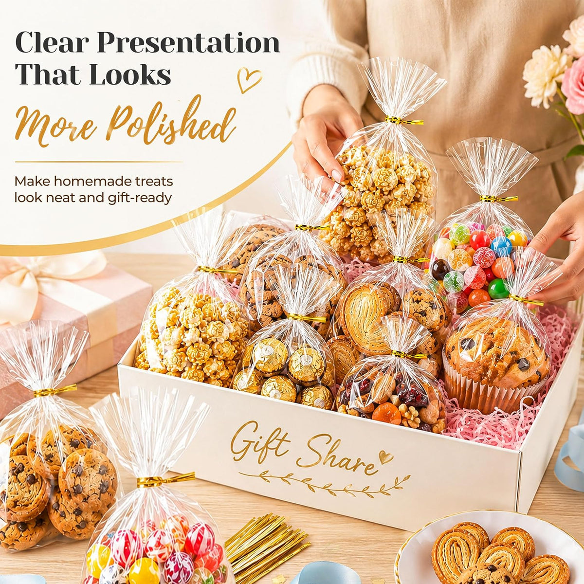 food-safe smooth cellophane finish suitable for direct contact with treats