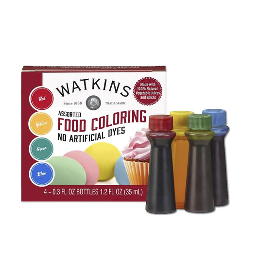 four 0.3 oz bottles in red, yellow, green, and blue