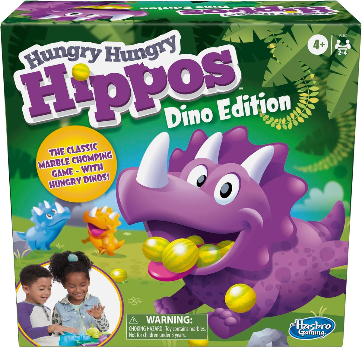 four colorful dinosaur characters that chomp down plastic marbles