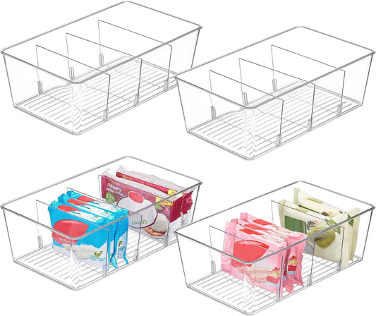 four compartments created by 3 removable dividers per bin