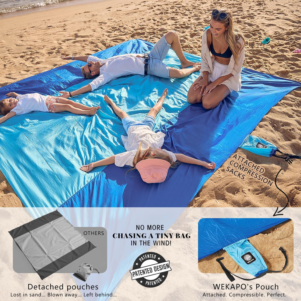 four corner pockets that double as sand anchors or storage, eliminating bulky built-in sand pockets