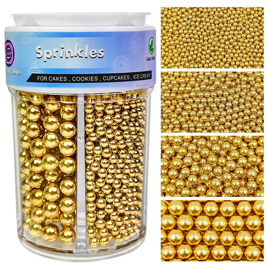 four distinct sizes of gold pearl sprinkles included in one pack