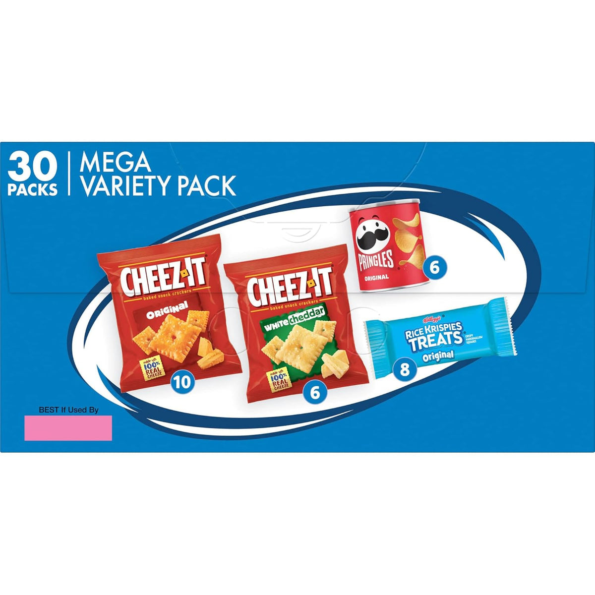 four-flavor assortment combining cheez-it original, cheez-it white cheddar, pringles original, and rice krispies treats original