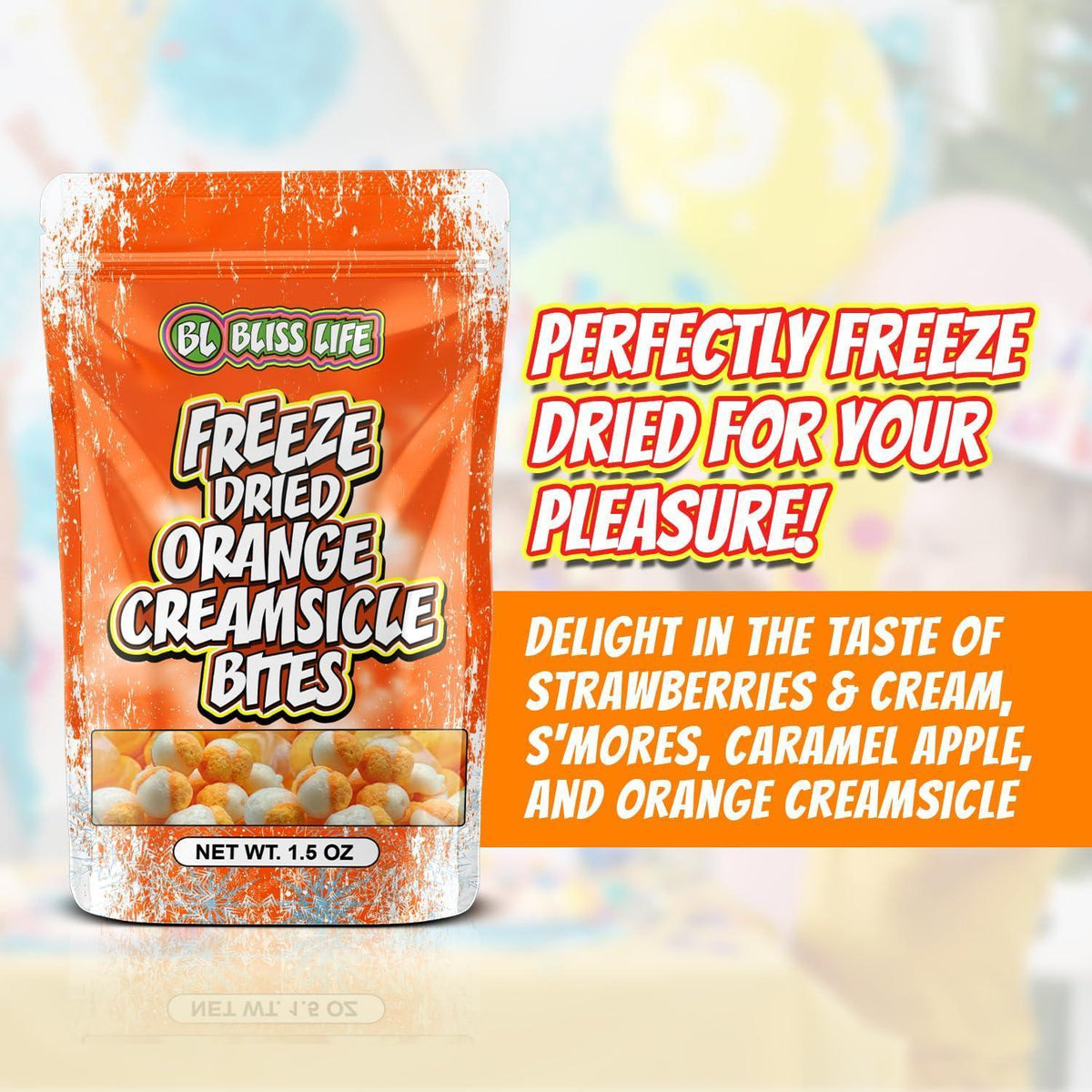 four-flavor variety line: orange creamsicle, strawberries & cream, caramel apple, and s'mores