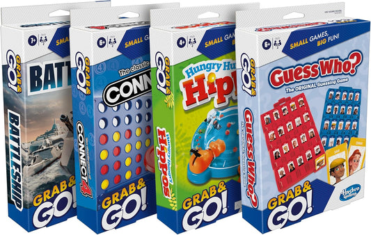 four-game bundle: battleship, connect 4, guess who?, and hungry hungry hippos in compact travel formats