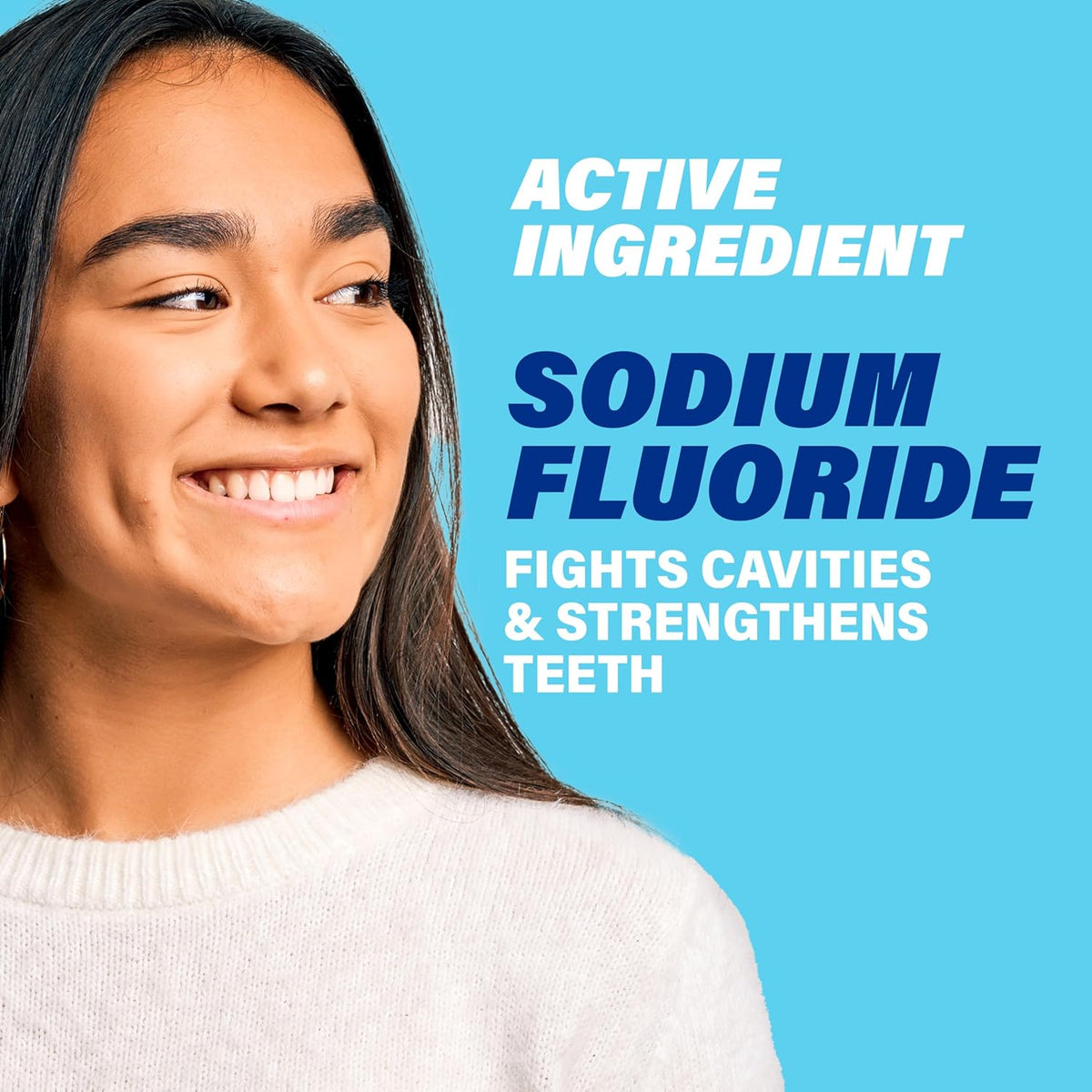 four-in-one benefit stack: cavity prevention, teeth strengthening, bad breath germ killing, breath freshening