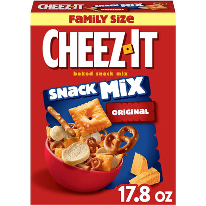 four-in-one snack blend combining cheez-it crackers, salty pretzels, toasted bread slices, and cheese-flavored rice balls