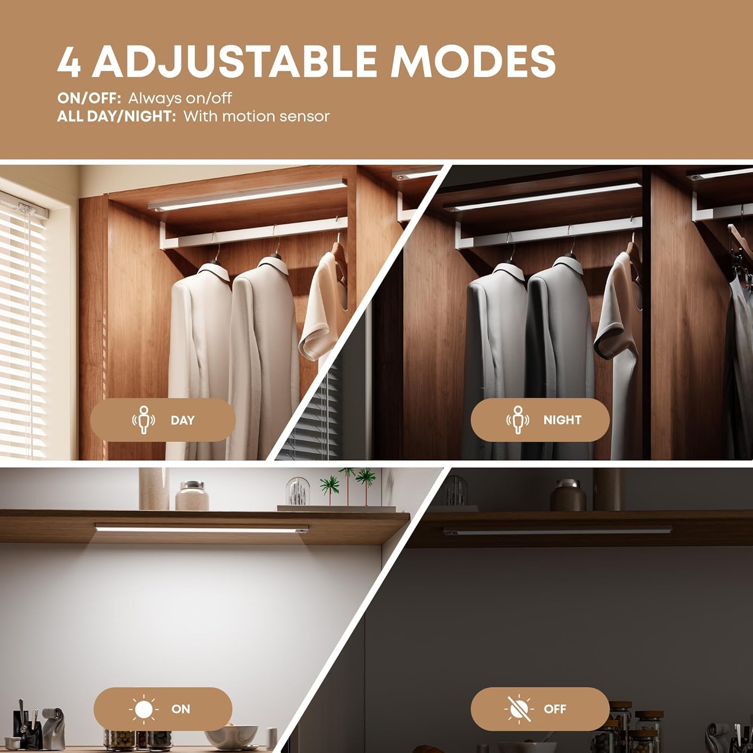 four operating modes (always on / all day / night only / off) via touch control