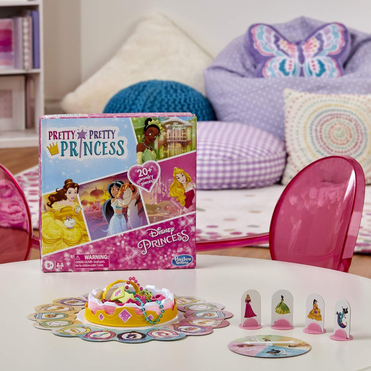 four playable disney princess characters: belle, tiana, jasmine, and aurora