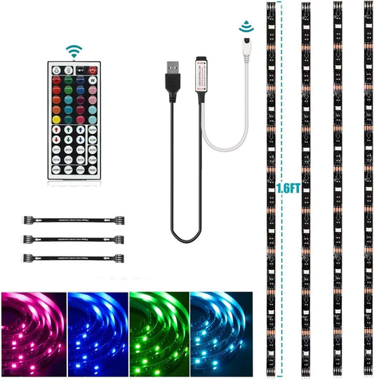 four pre-cut 1.64ft rgb 5050 led strips totaling 6.56ft with cuttable marks for custom sizing