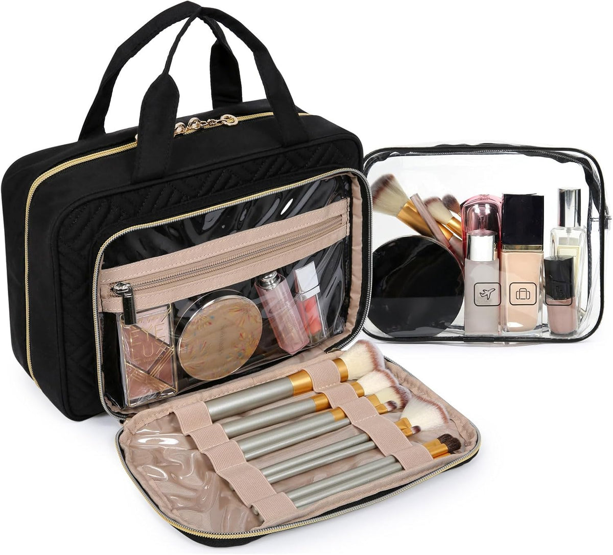 four separate zippered compartments with double-zipper main pocket
