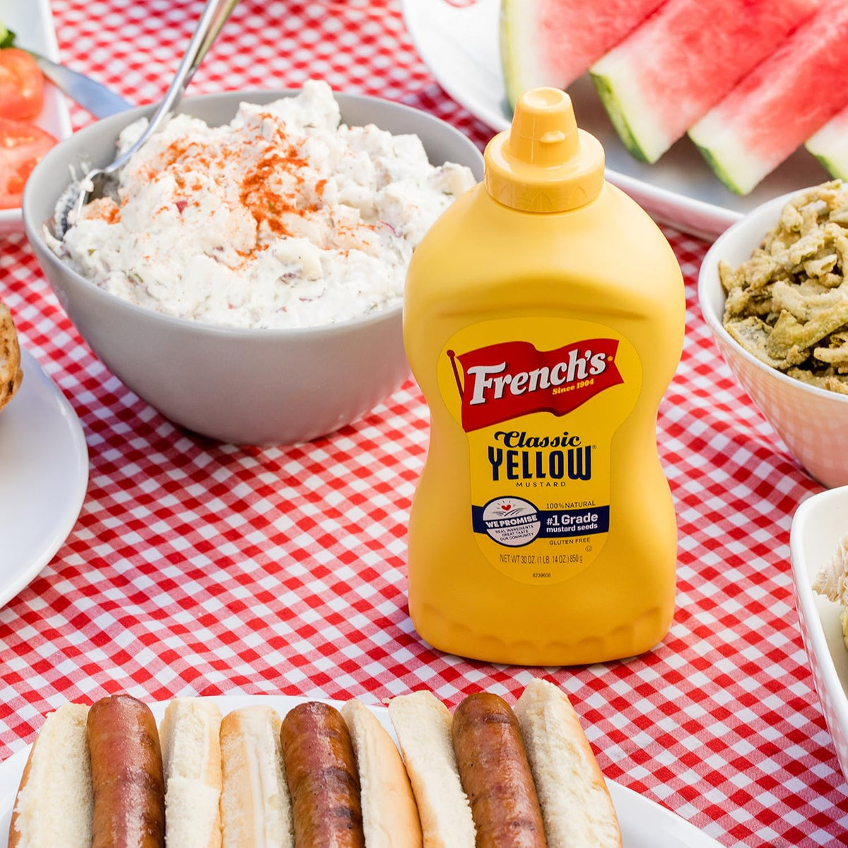 French's Classic Yellow Mustard, 30 oz Squeeze Bottle – Allergen-Friendly Condiment Free From Peanuts, Tree Nuts, Dairy, and Soy