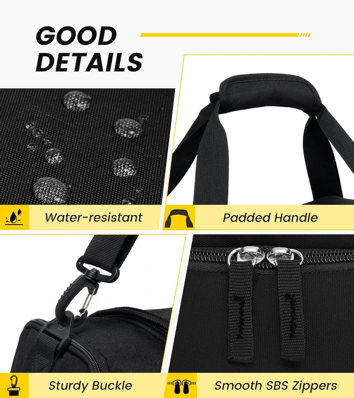 front adjustable elastic drawstring for securing caps, rackets, or rolled jackets