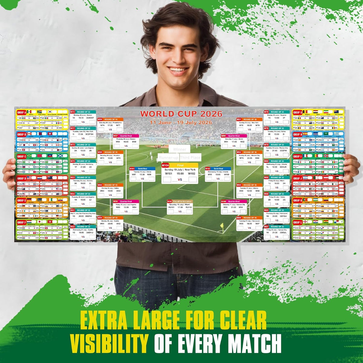 full match schedule, knockout bracket, and group stage tracker printed on the chart