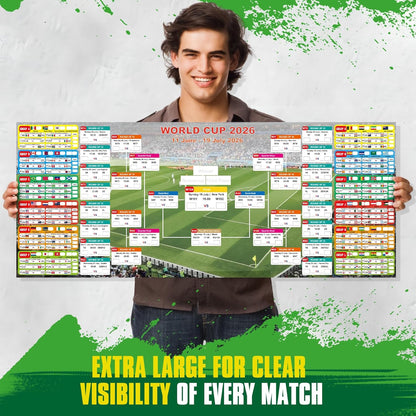 full match schedule, knockout bracket, and group stage tracker printed on the chart