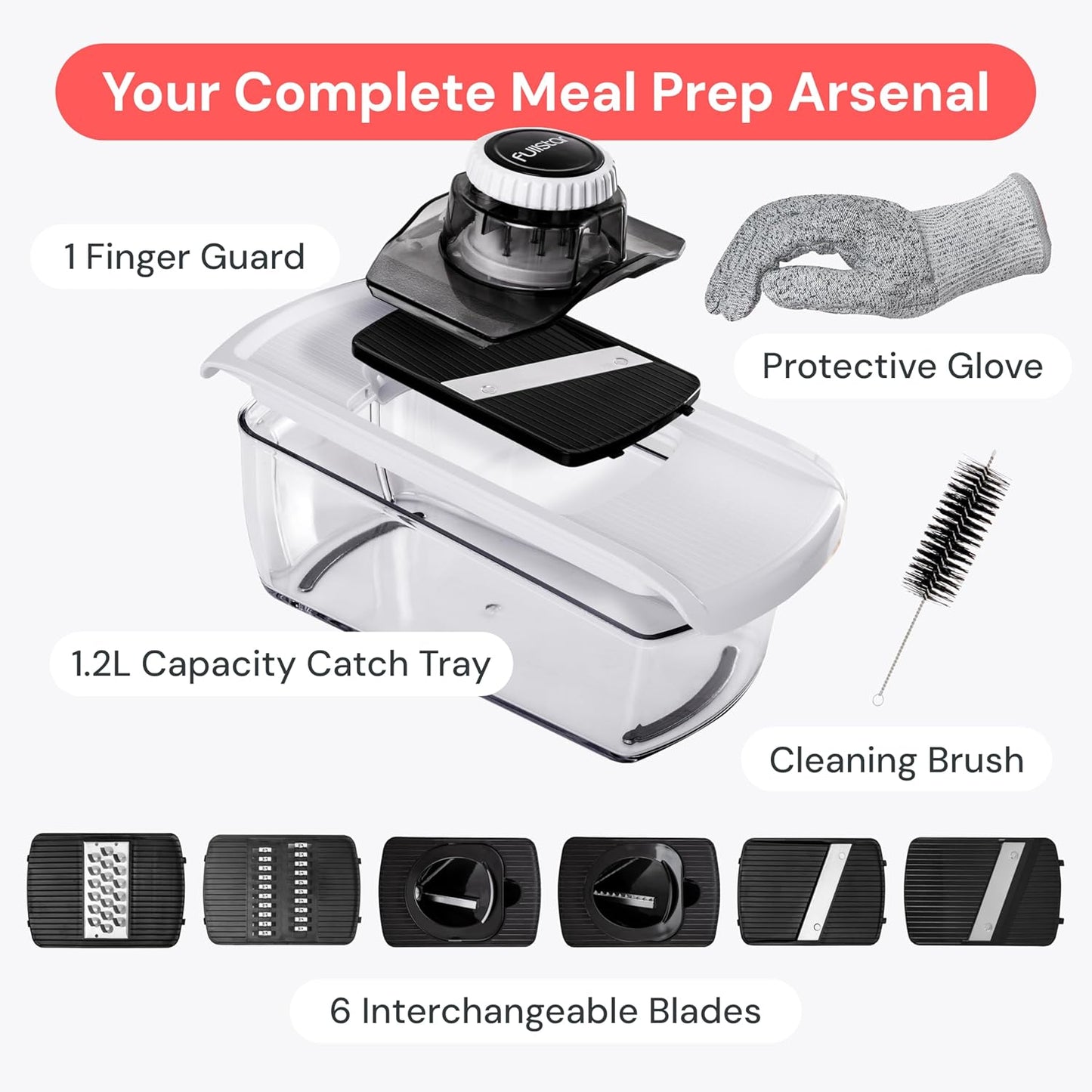 Fullstar Mandoline Slicer 6-in-1 – Space-Saving Kitchen Replacement for Cluttered Counters, Slim White Design with Catch Tray