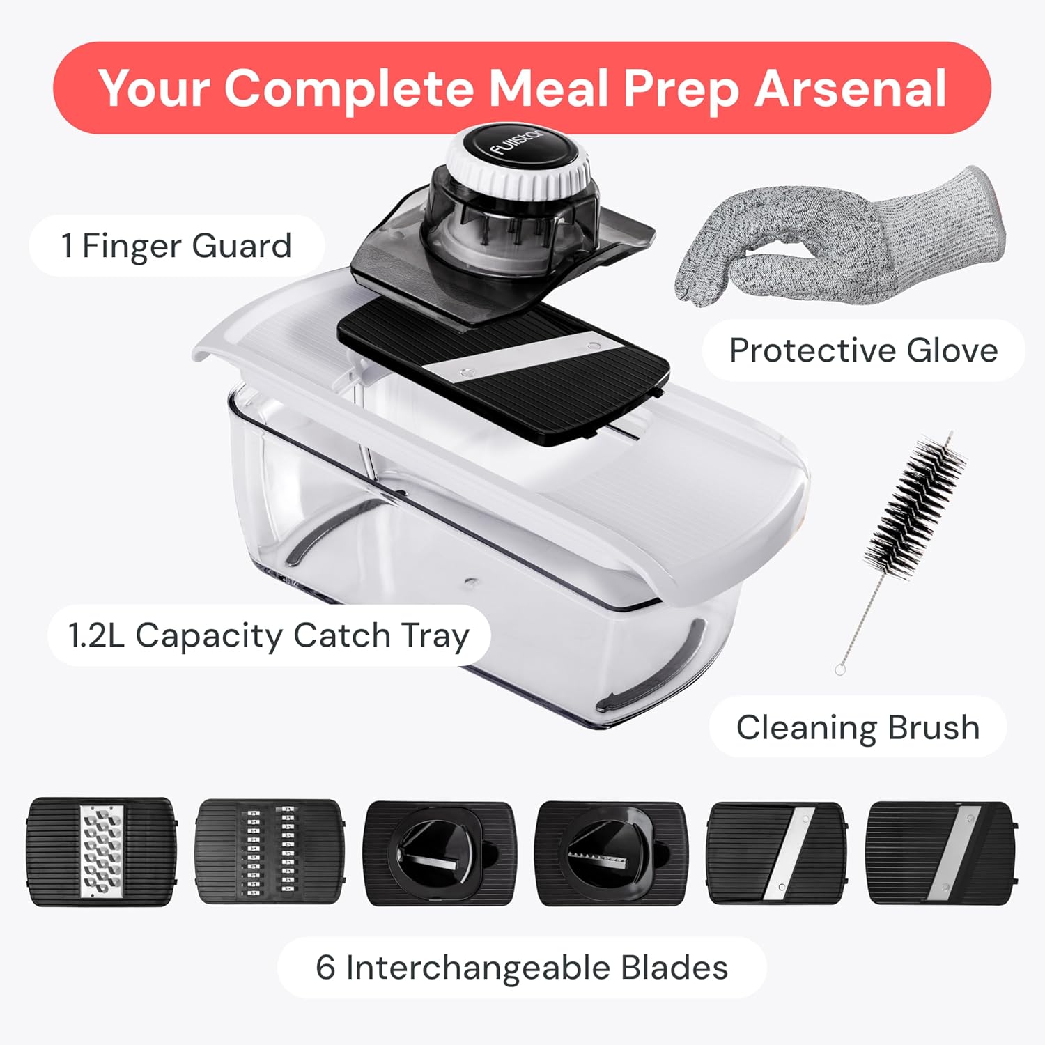 Fullstar Mandoline Slicer 6-in-1 – Space-Saving Kitchen Replacement for Cluttered Counters, Slim White Design with Catch Tray